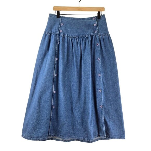 VTG Cherokee Blue Denim Midi Skirt 6 Double Button Front Deep Hip Band 80s 90s - Picture 1 of 10